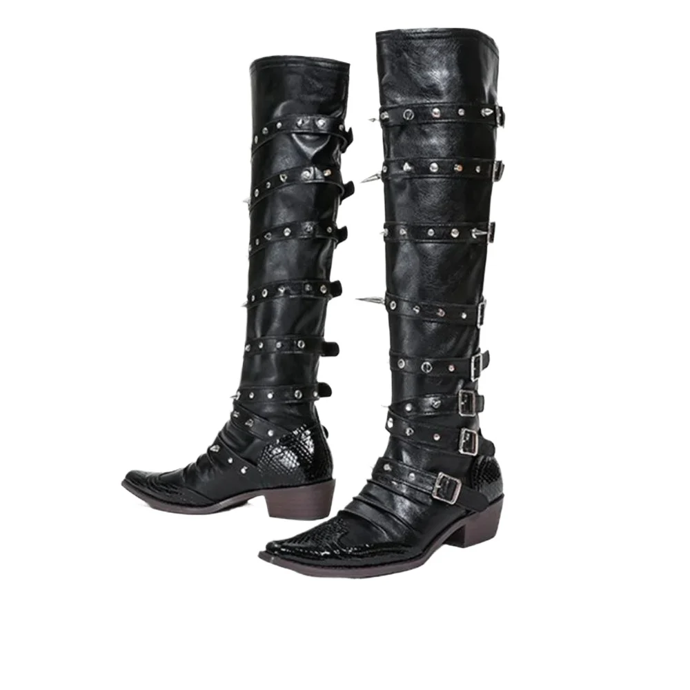 

Новые модные сапоги выше колена из натуральной кожи с пряжками на ремне и заклепками, пикантные элегантные женские сапоги для верховой езды на массивном каблуке с острым носком