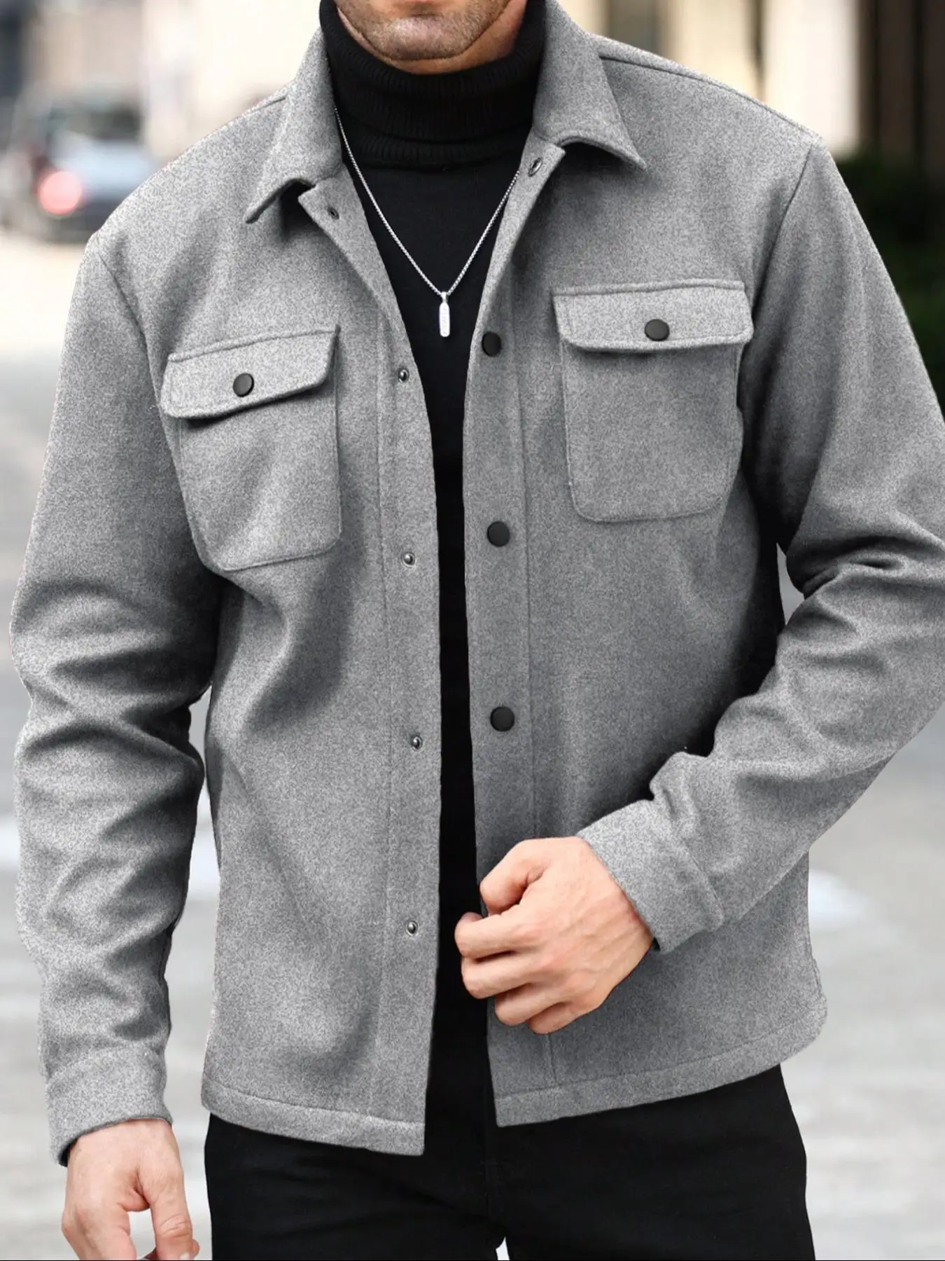 Men's Autumn Woolen Jacket Solid Color Button Front Coat with Collar And Flip Pocket Design