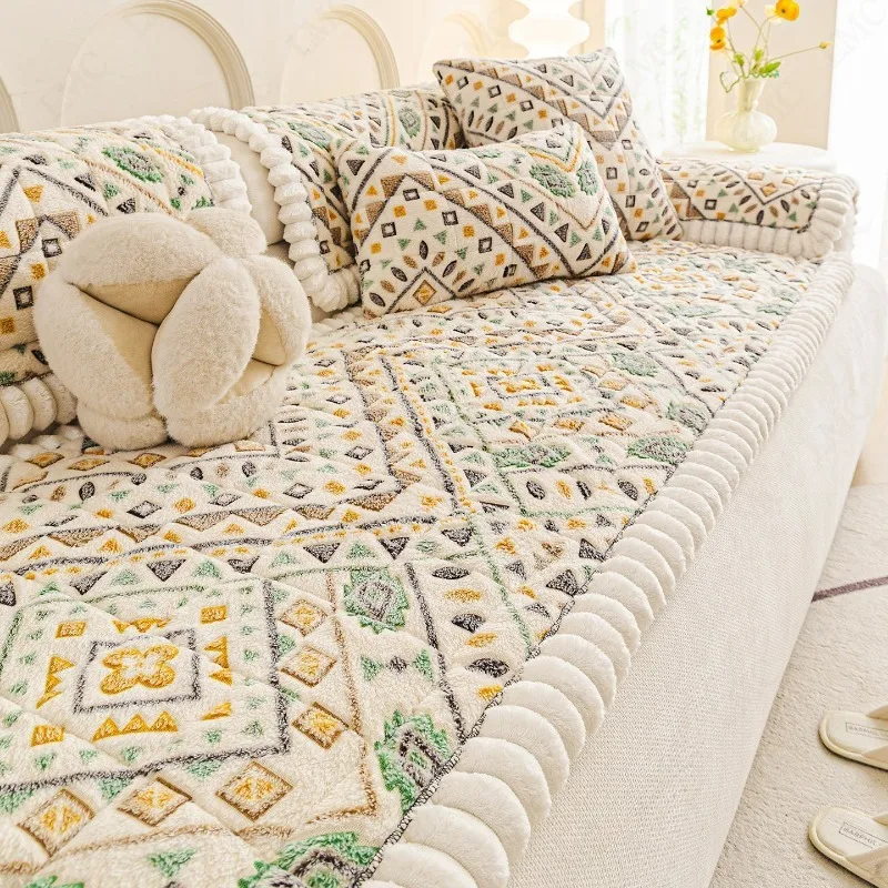 1PC Thick Plush Sofa Mat Modern Geometric Pattern Pastoral Style Non-slip Soft Sofa Towel Warm Winter Couch Cushion Home Decor