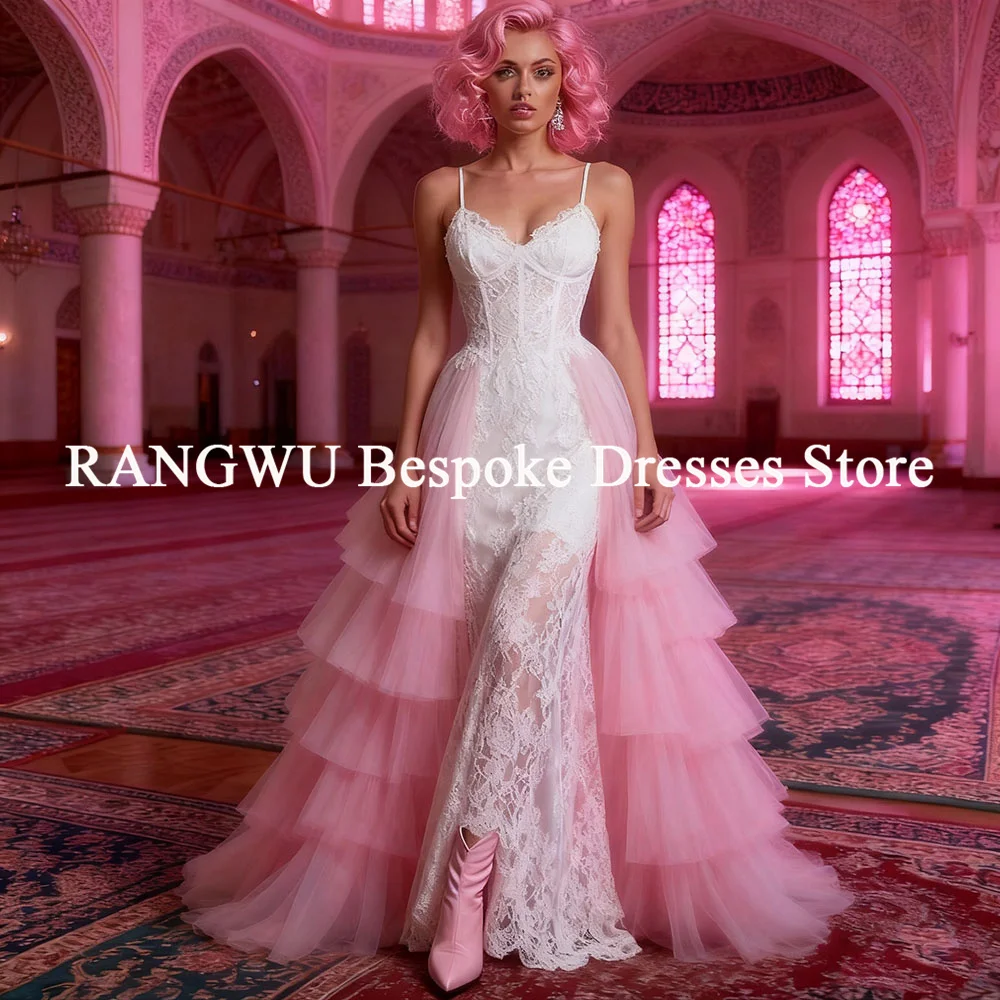 فستان حفلة موسيقية أبيض وردي خط السباغيتي الأشرطة الدانتيل فستان سهرة كوري فستان عيد ميلاد رسمي مخصص