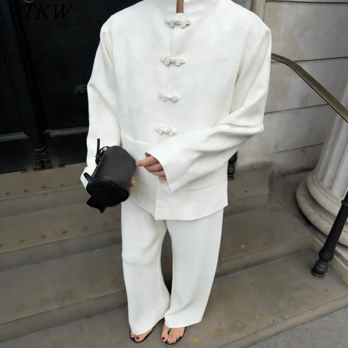 VTKW 2026 New Women's Black White Mandarin Collar Blazer With Chinese Frog Buttons Tailored Fit Formal Casual Wear