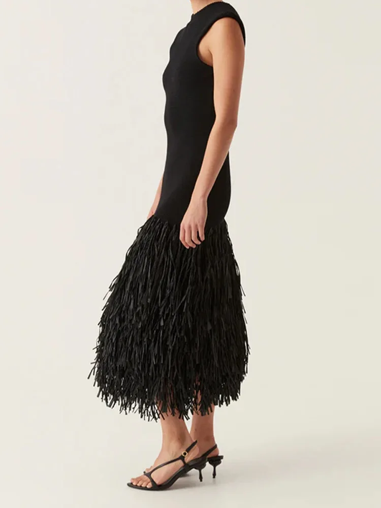 RAFFIA-Robe Mi-Longue Épissée pour Femme, Tenue de Soirée Élégante et Chic, Dos aux, à la Mode