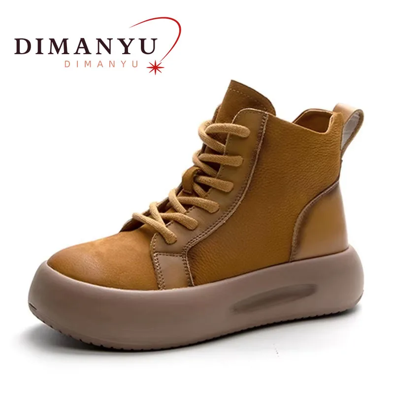 

DIMANYU Women's Ankle Boots Genuine Leather 2024 New Lace-up Women's Ankle Boots Retro Platform Non-slip Ladies Boots