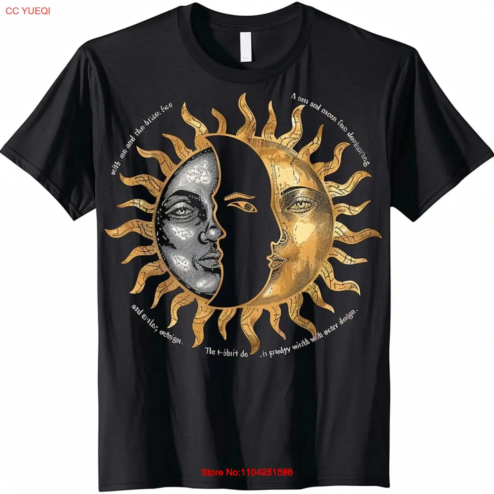 Sun and Moon Face Design Black T Shirt Silver Moon Shimmer Print