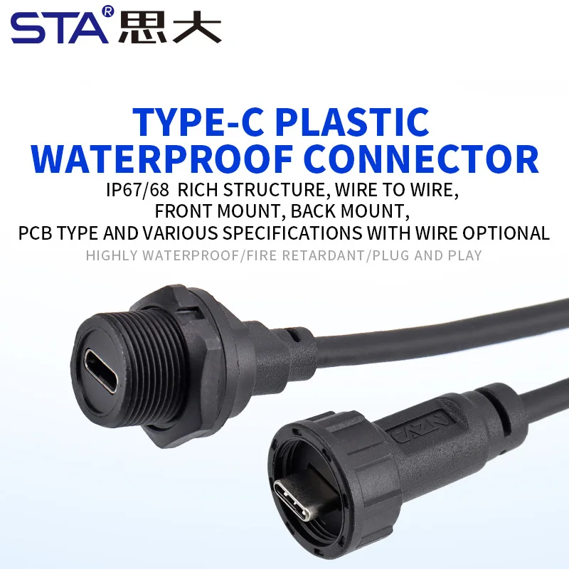 Waterproof Type-C3.0 Male to Male Plug with Cable, IP67 Bayonet/Threaded Type-C Overmolded Connector for Industrial Devices