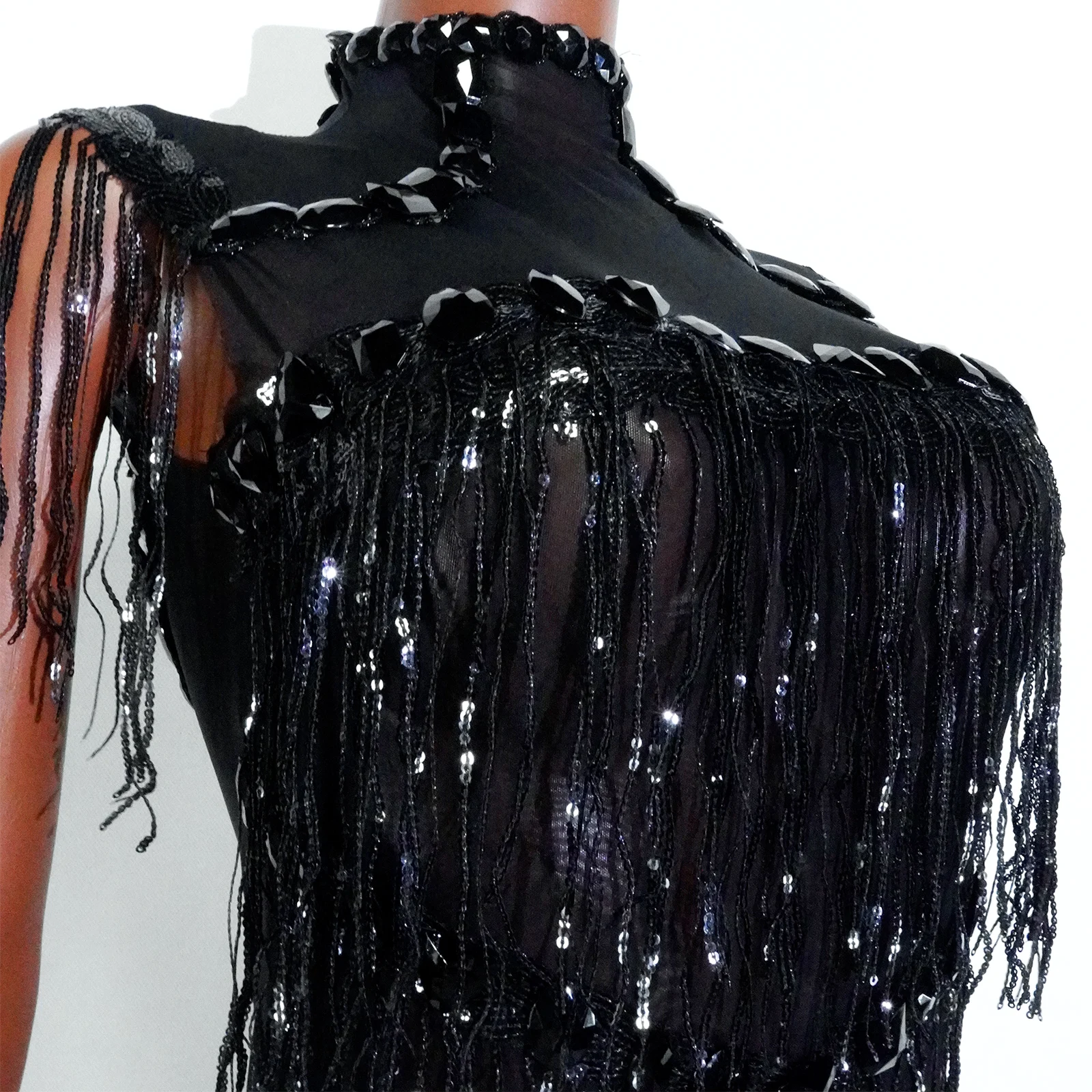 セクシーなメッシュシアーブラックラインストーンラインストーンボディスーツ歌手ダンサーショーステージ衣装祝うパーティーナイトクラブパフォーマンスウェア