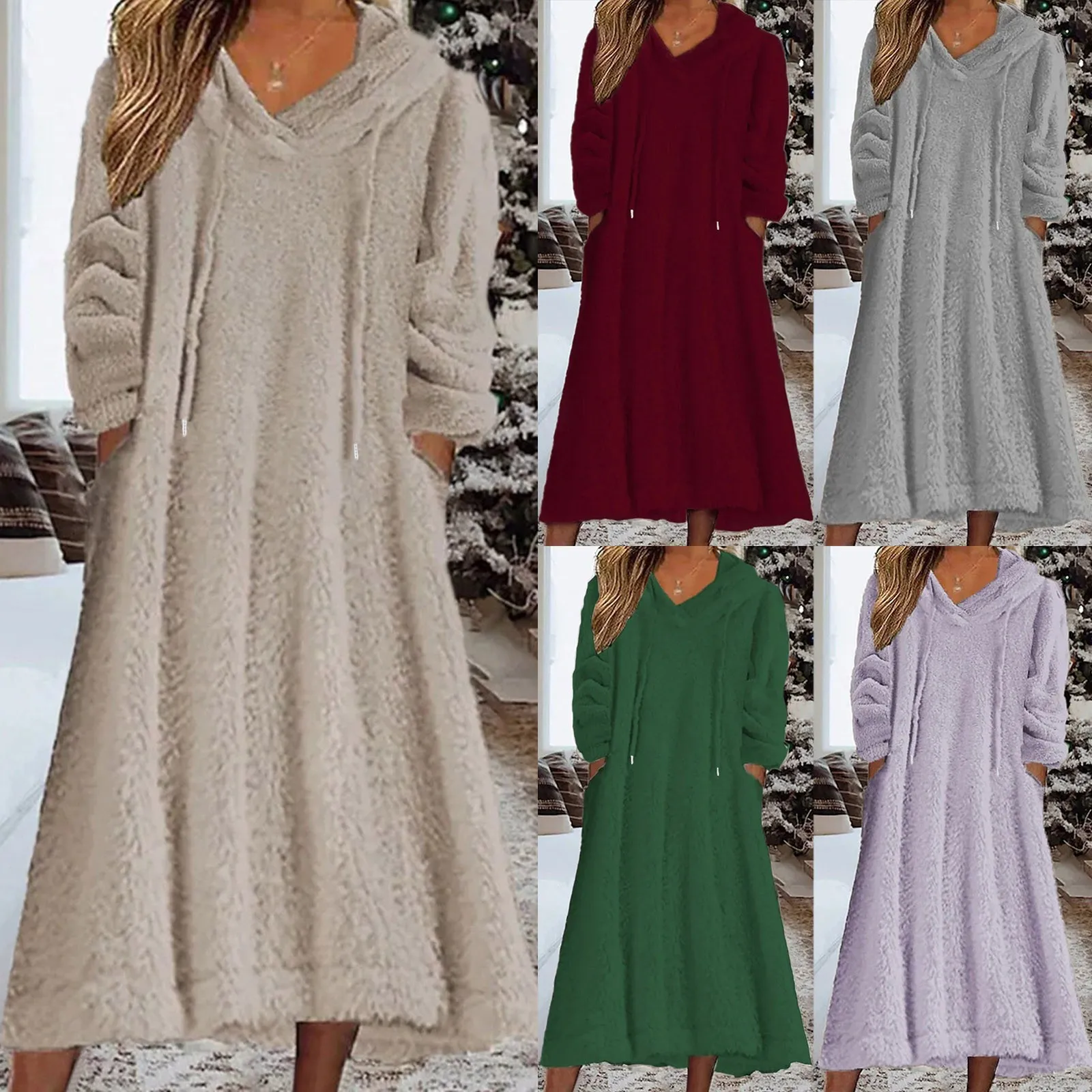 Women Fuzzy Fleece Sleep Dress Fall Winter Warm Lounge Wear Outfit Long Sleeve Drawstring Hooded Sweatshirt Dress with Pockets