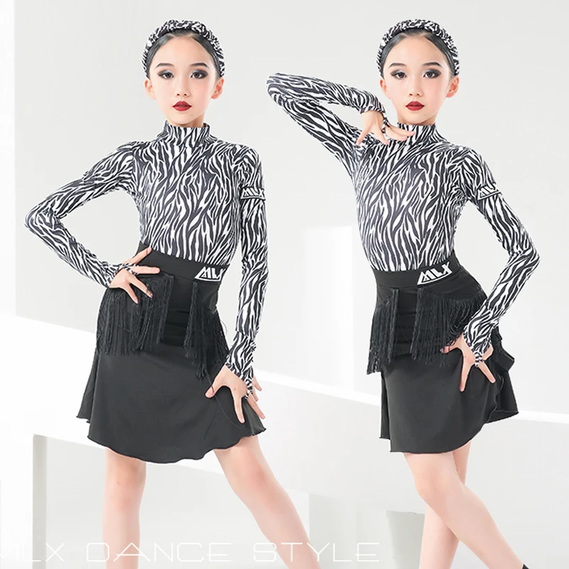 

Samba Latin Dance Costume Girls Long Sleeve Zebra Pattern Tops Fringed Skirt Outfit ChaCha Tango Performance Clothes YS3637
