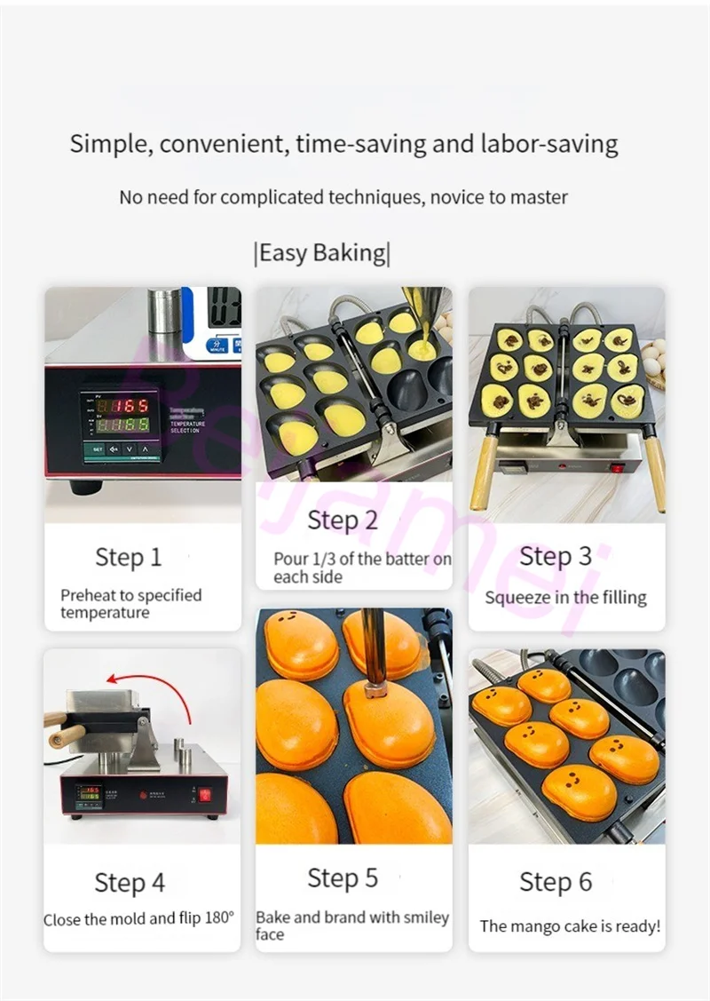 Smile Face Egg Waffle Maker Baker 6PCS Electric Non Stick Mango Egg Smiling Waffle Machine