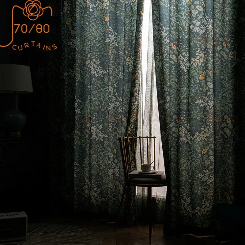 American Country Pastoral Style Curtain Green Bedroom Living Room Forest Plant Cotton and Linen Blackout Floor-to-ceiling Window
