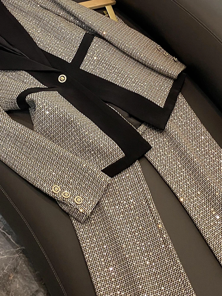 Hot Sale Autumn Stylish Patchwork Shinny Sequins Lady Office Work Suit Single Button Long Sleeve Fitted Blazer Flared Pants Wome