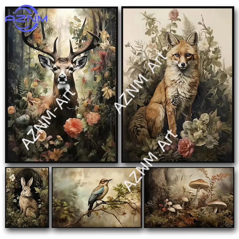 1PC ，Vintage Dark Academia Aesthetic Animal Poster Rabbit Deer Crow Fox Prints Canvas Painting Wall Art Pictures for Room Home