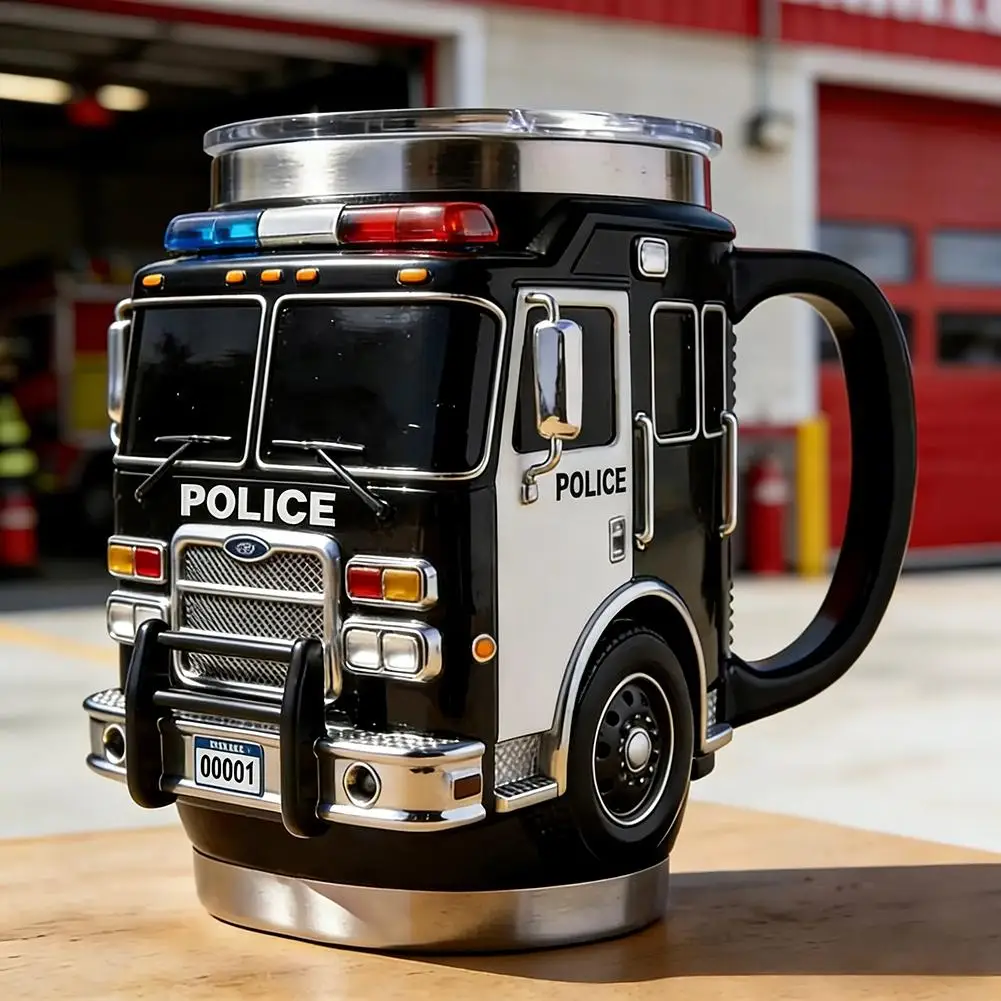 Fire Rescue Mug 3D Fire Truck Coffee Mug Double Wall Stainless Steel Insulated Tumbler for Firefighters Station Work Gifts