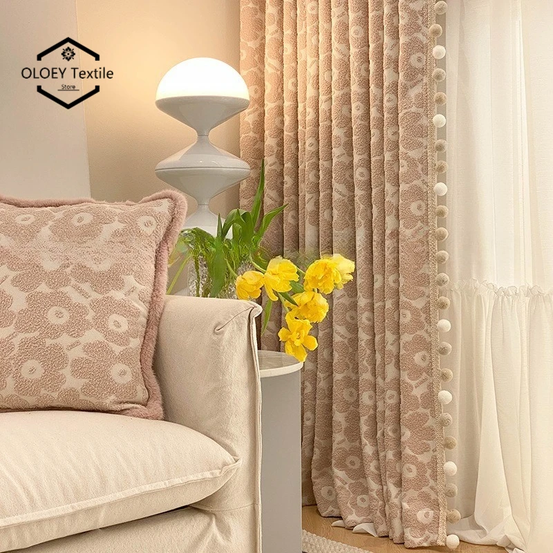 

Cute Pink Floral Princess Curtains Light Blocking Girls Bedroom Bay Window Velvet Jacquard Skirt Design Tulle Layered Drapes