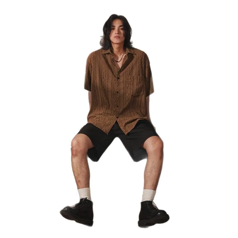 

Men's Summer Ethnic Style Casual and Cool Loose Shirt Trend Japanese Retro, Niche Design Sense Hollowed-out Short-sleeved Shirts