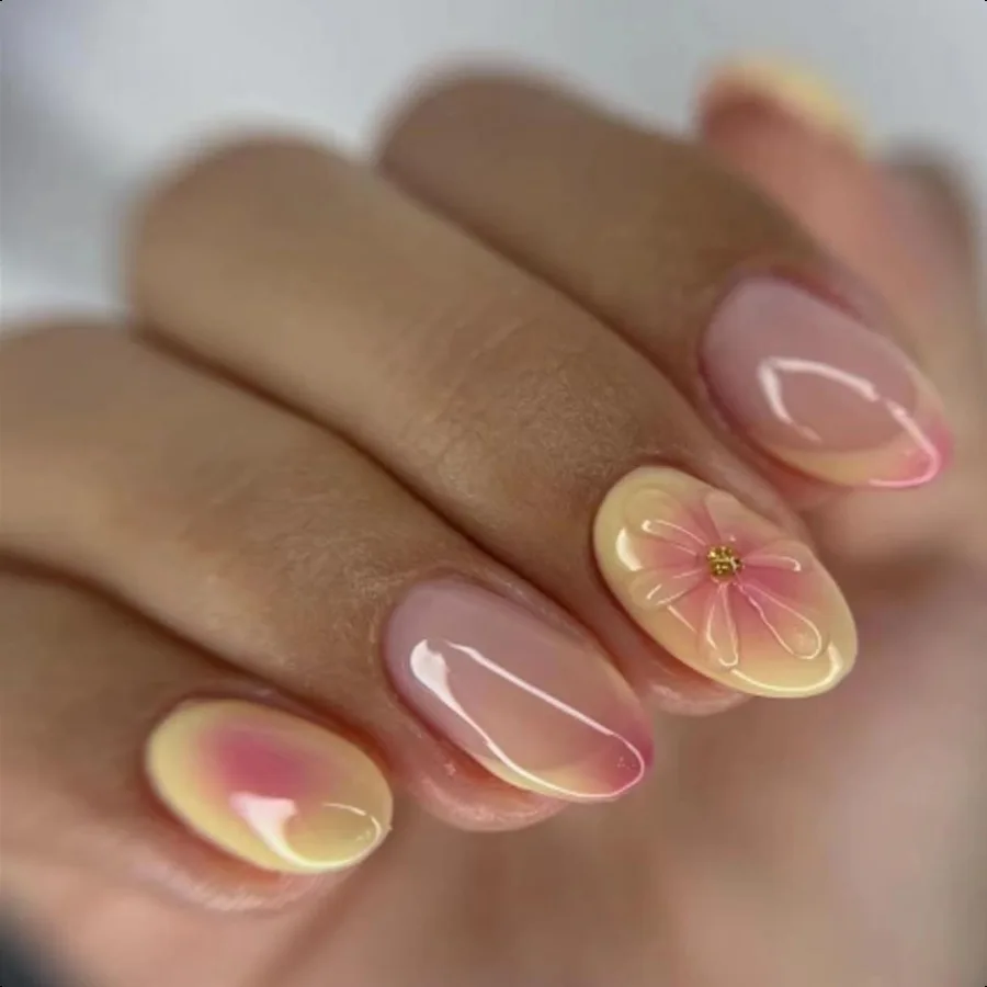 

Pr on Nails Короткие миндалевидные французские накладные ногти Накладные ногти с дизайном 3D Цветок Желтый Розовый Наклейка на ногти Глянцевый клей на Nai