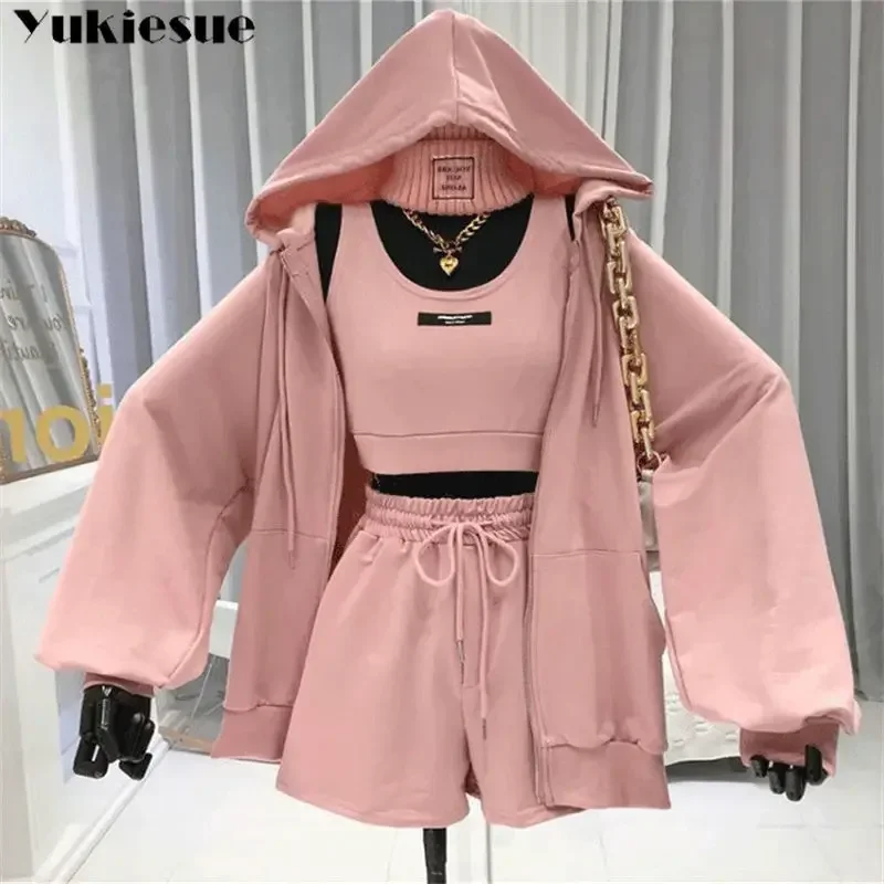 

Casual Sports Suit Female 2025 Autumn New Casual Zip Hoodie Jacket Coat + Vest + Shorts Three-Piece Set Women Solid Hoodie Set