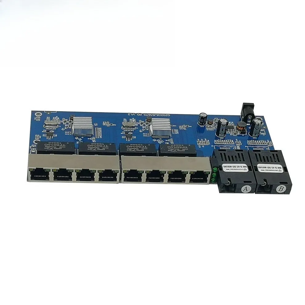 Poe reverso 10/100/1000m 2sc 8 rj45 20km gigabit ethernet switch 2f8e conversor de mídia de fibra óptica placa de porta utp pcba