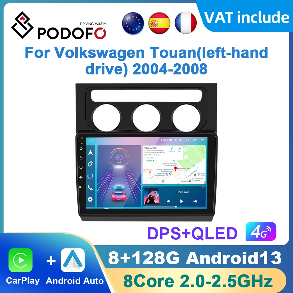 Podofo AI Voice Android Carplay Car Radio For Volkswagen Touan 2004-2008 Android Auto 4G Multimedia Player GPS Navigation RDS