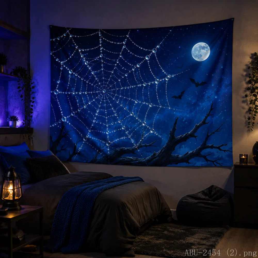 VIKAMA Halloween Tapestry – Bat Silhouettes, Hanging Bats on Tree Branch, Teal Gothic, Dark Aesthetic
