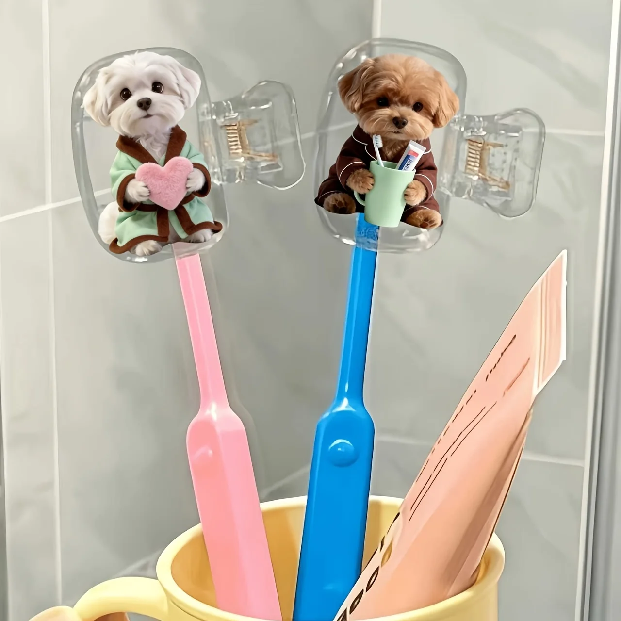 2pcs Dogs Holding a Heart And a Toothbrush Cup Portable toothbrush head box Suitable for Travel Sets  Keep Brush Clean And Dry