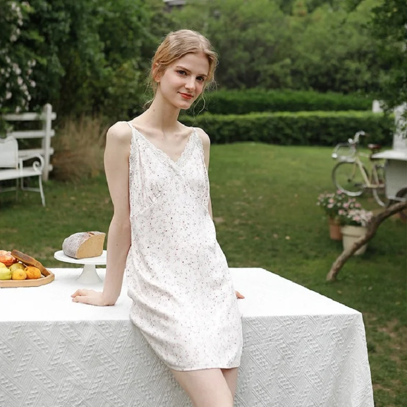 Summer Sexy V-neck Floral Viscose Nightgowns For Women Sleeveless Soft Lace Comfortable Sleepwear Loose Elegant Dress