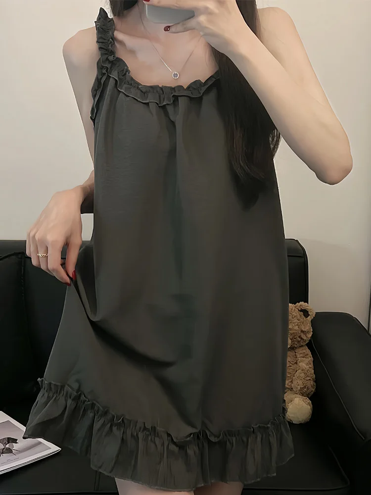 

Sweet Cute Summer Thin Strap Sleepwear Vest Style Home Clothes for Women Student Pure Color Casual Leisure Home Suit