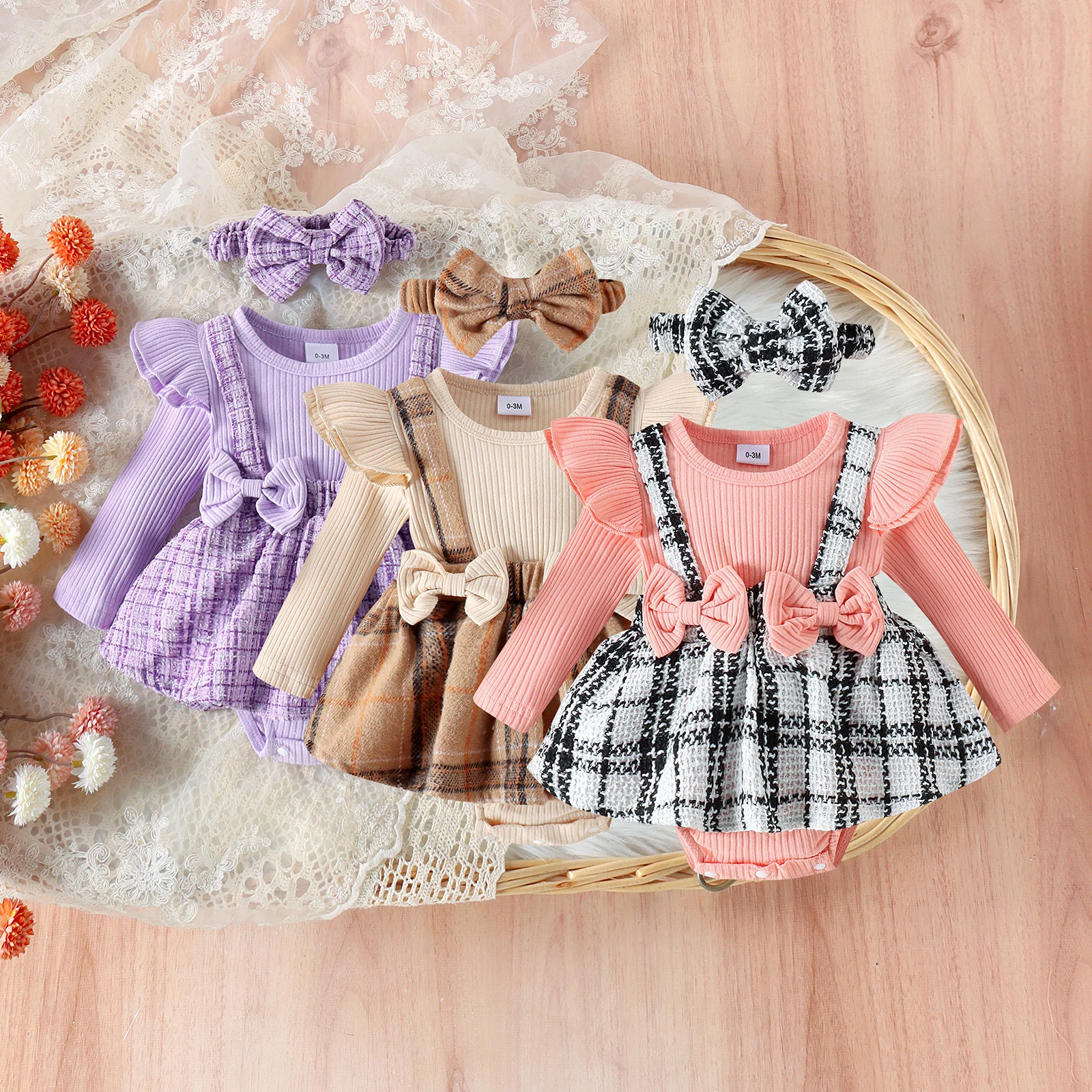 

2PCS Autumn And Winter 0-1 Year Old Girl Baby Fashionable Foreign Style Round Collar Long-Sleeved Shirt Strap Hat Skirt