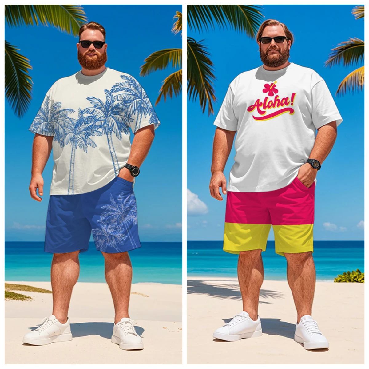 

S-9XL Big & Tall Men Aloha Palm Tree Print Beach Tee & Board Shorts 2Pcs Vacation Set