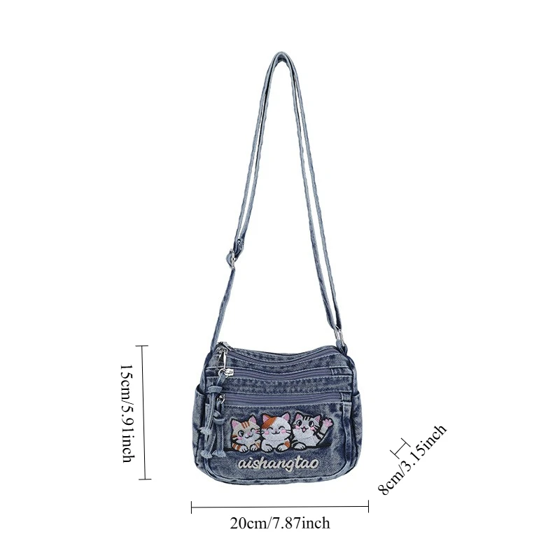 Cute Korean Style Embroidered Cat Crossbody Bag Washed Denim Phone Bag for Women Daily Styling Casual Minimalist Shoulder Bag - view 6