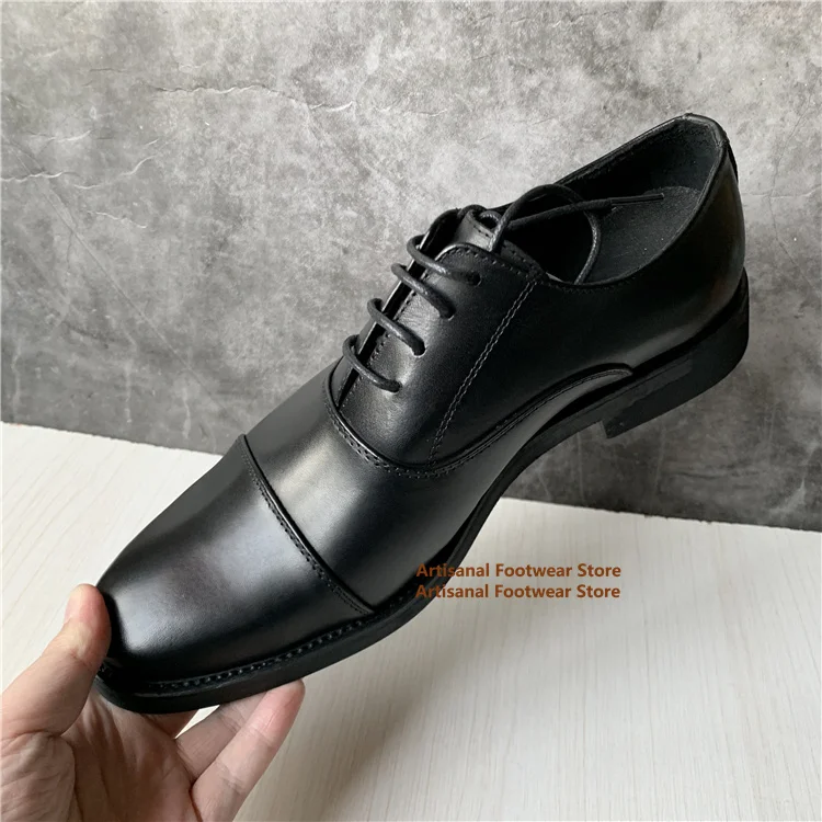 

Cowhide Low Cut Leather Shoes British Style Business Casual Shoes Classic Lace Up Square Heel Formal Leather Shoes for Men