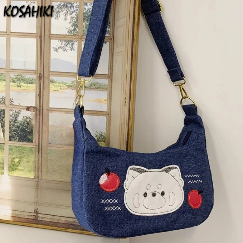 

Japanese Cute Cartoon Bear Design Shoulder Hobo Bags Sweet Y2k Aesthetic Kawaii Handbags Women Chic Denim Crossbody Bag Trendy