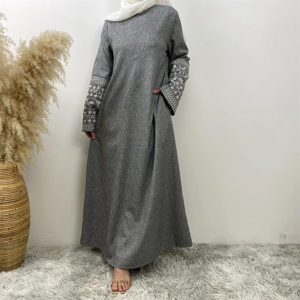 Abaya-Robe longue en lin à manches brodées pour femmes musulmanes, kimono de Dubaï et de Turquie, vêtements du Ramadan Islam, robe caftan de luxe