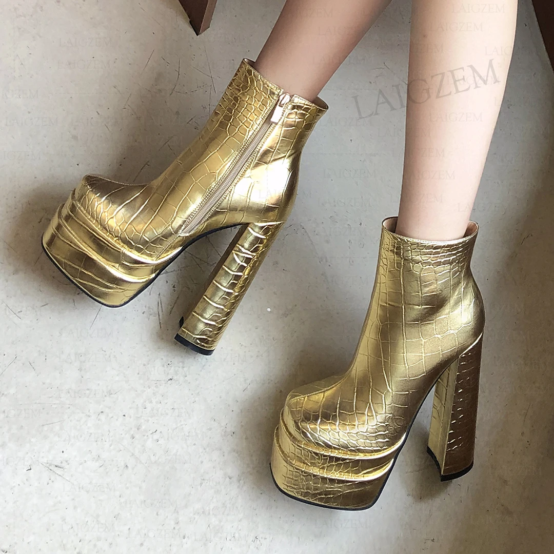 

LAIGZEM/женские ботильоны с крокодиловым принтом на платформе, на молнии, на толстом высоком каблуке, женская обувь ручной работы, большой размер 33, 40, 43