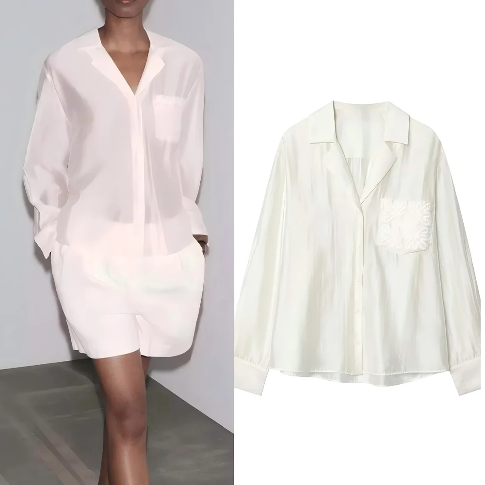 

Women's new fashion embroidered pocket decoration casual lapel shirt retro long sleeved button up women's shirt chic top