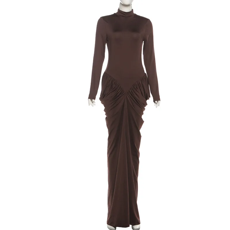 2025 Autunno Inverno Solido Increspato Patchwork Aderente Maxi Vestito Da Partito Dolcevita Manica Lunga Sottile Abito Da Sera Banchetto Abito Lungo