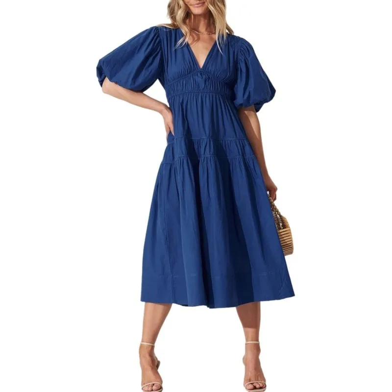 Nuovo abito plissettato a maniche lunghe autunno moda casual abito da vacanza a vita alta abito Boho stampato floreale con scollo a V mezza manica