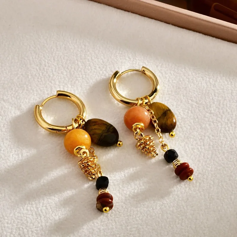 Boho Asymmetrical Hoop Dangle Earrings Women Vintage Amber Tiger Eye Stone Bead Tassel Drop Earrings Ethnic Holiday Jewelry