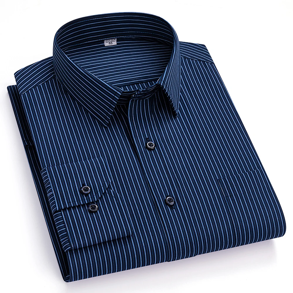 Men's Spread Collar Long Sleeve Striped Dress Shirt with Chest Pocket - Classic Business Formal for Office & Professional Wear