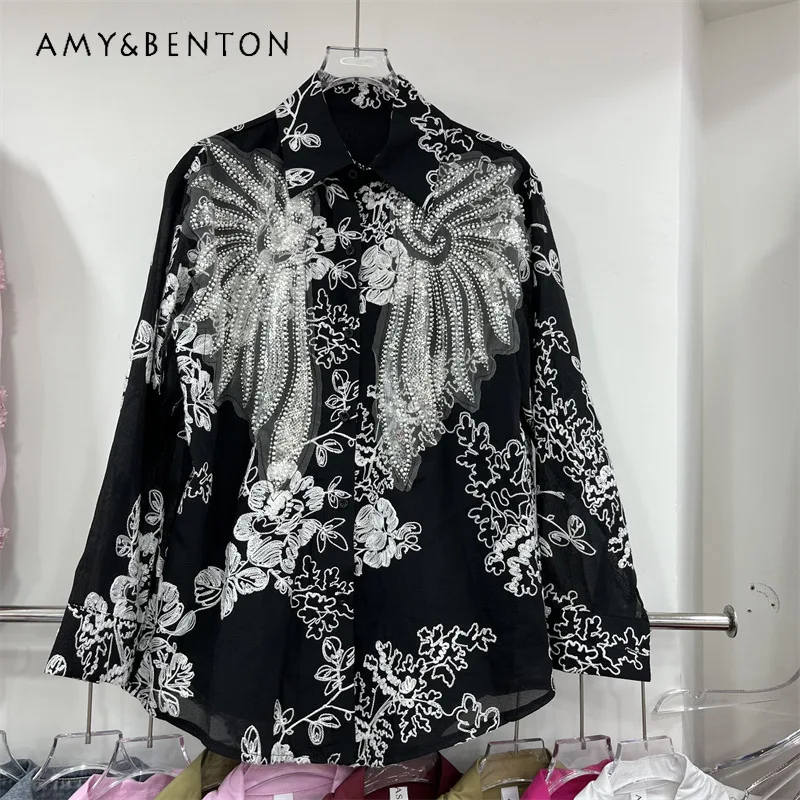 

Heavy Industry Patchwork Beaded and Rhinestone Shirt Women's Spring Summer Loose Fit Versatile Fashion Slimming Long Sleeves Top