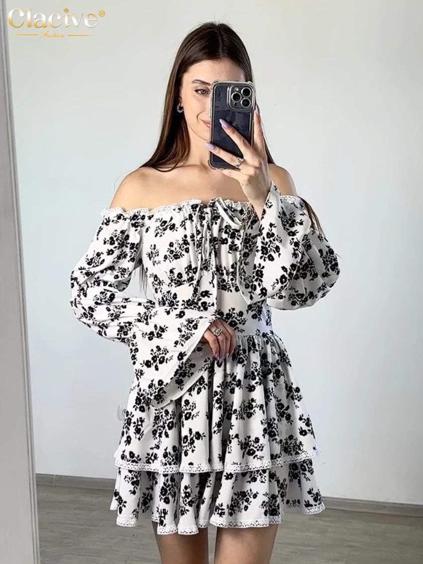 

Clacive Fashion Loose Print Women Dress 2025 Sexy Slash Neck Long Sleeve Mini Dresses Elegant Lace Spliced Pleated Female Dress