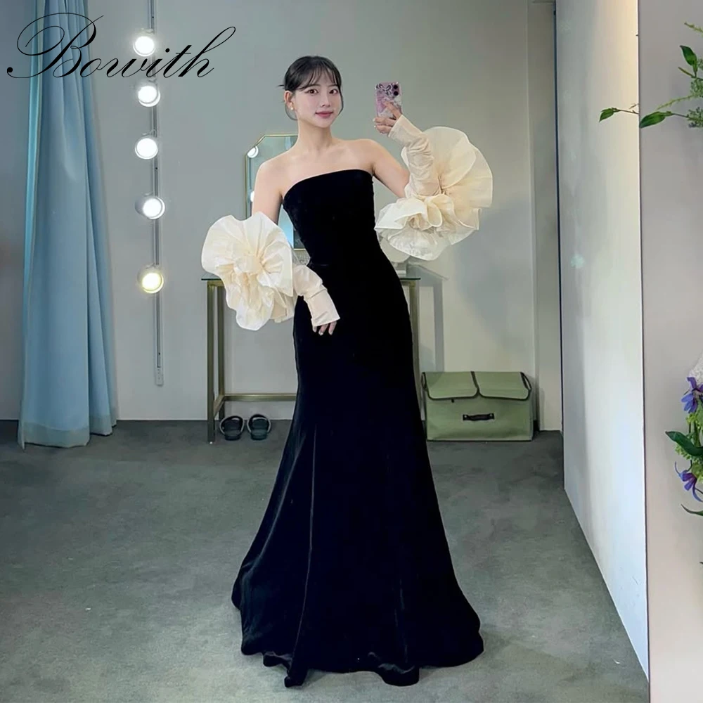 

Bowith Black Mermaid Korean Wedding Dresses Customized Strapless Detachable Sleeves Evening Dresses Pleats Photo Shoot Dresses