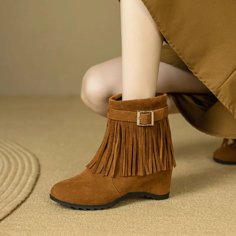 

Girseaby, осенние замшевые женские ботильоны из флока с бахромой и кисточками, ботильоны на танкетке с круглым носком, 6 см, 40, 41, 42, 43 44 US13, повседневные ботильоны