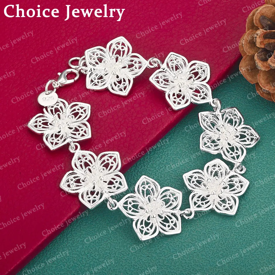 

925 Sterling Silver Seven Flowers Chain Bracelet For Women Fashion Jewelry Vintage Grace Charm Party Holiday Gift