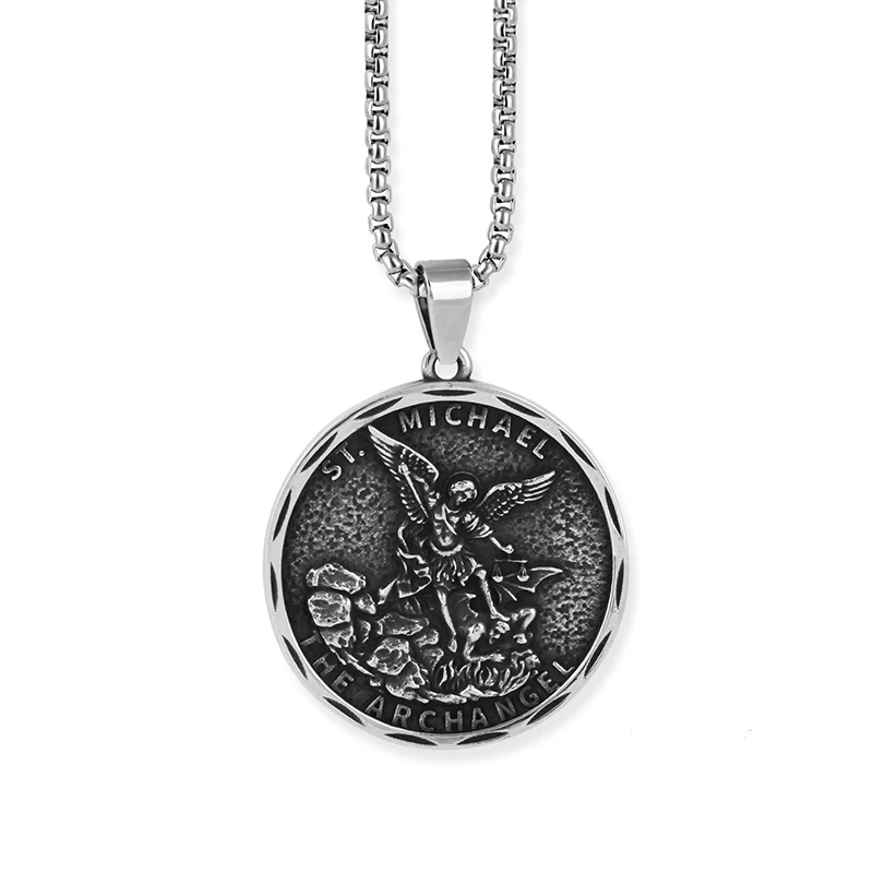2023 New Stainless Steel St Christopher Pendant Necklace St Michael Medal Sacred Amulet Catholic Protection Religious For Man