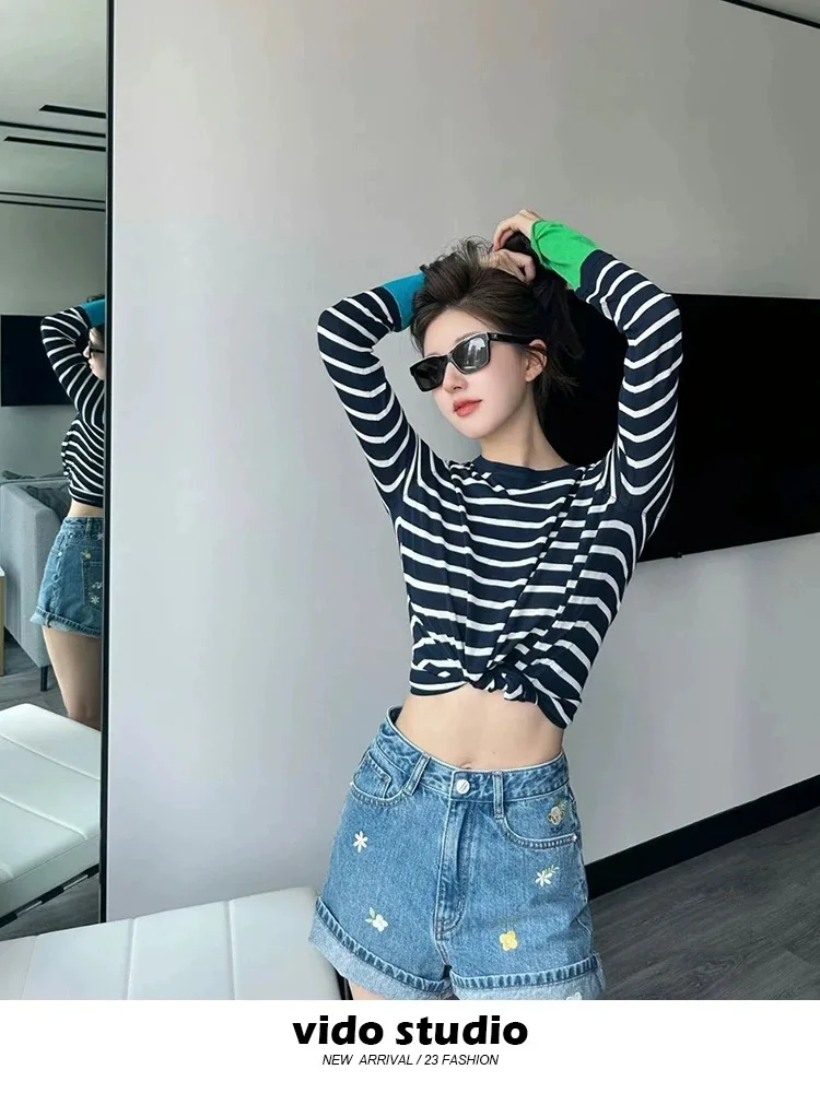 

Women Spring Autumn Fine Wool Sweater O-neck Knitted Stripe Splicing Contrasting Colors Pullover Female Casual Bottoming ​Top