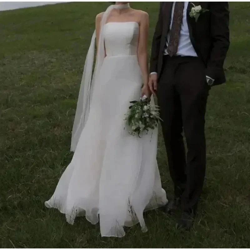 Simple Lightweight Wedding Dresses for Women White Sexy Strapless Backless Formal Evening Dress Bridal Floor-length Party Dress