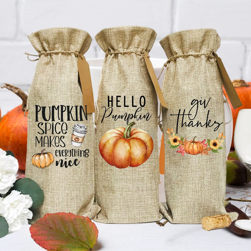 

Pumpkin Painting Drawstring Bags Wine Bag Thanksgiving Party Home Table Decor Bottle Cover Fall Holiday Gifts for Family Friends