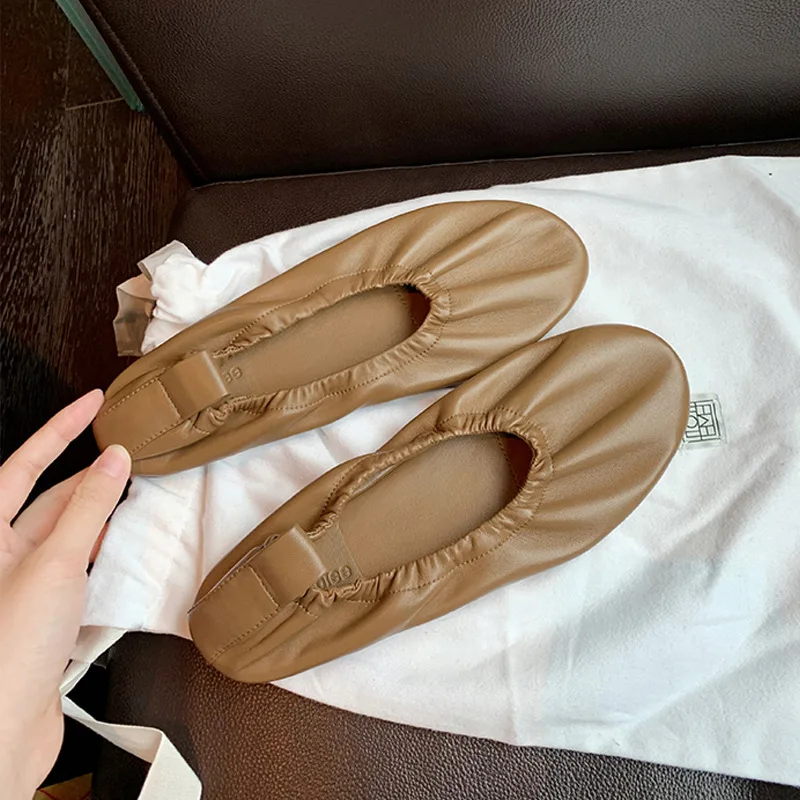 Round Toe Leather Casual Flats Women Elastic Band Slip On Loafers Soft bottom Flat Heel Ballerina Shoes Comfortable Fashion