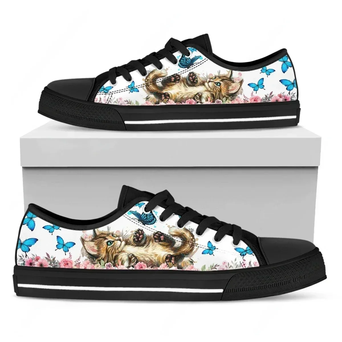 Zapatillas de Lona para Mujer, con Estampados de Gato, de Moda, de Caña Baja, Zapatos Planos de Color Caramelo para Mujer